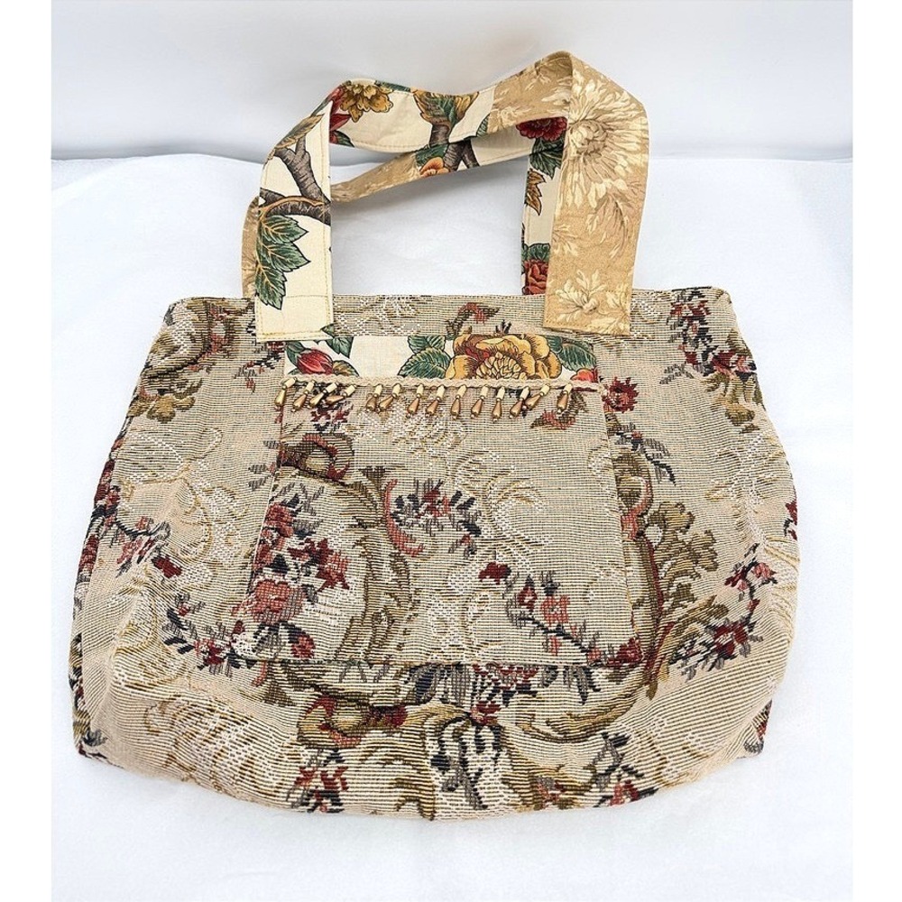 Handmade Tote‎ Shoulder Bag Floral Tapestry Beaded Fringe Boho Cottagecore